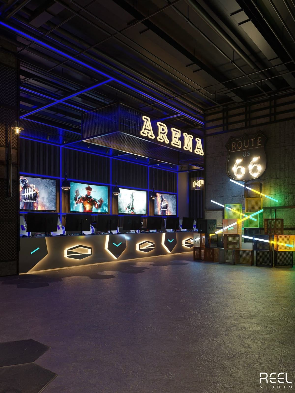 Неонове оформлення геймерської арени з вивісками ARENA та Route 66 — стильне неонове освітлення інтерʼєру від YBA.