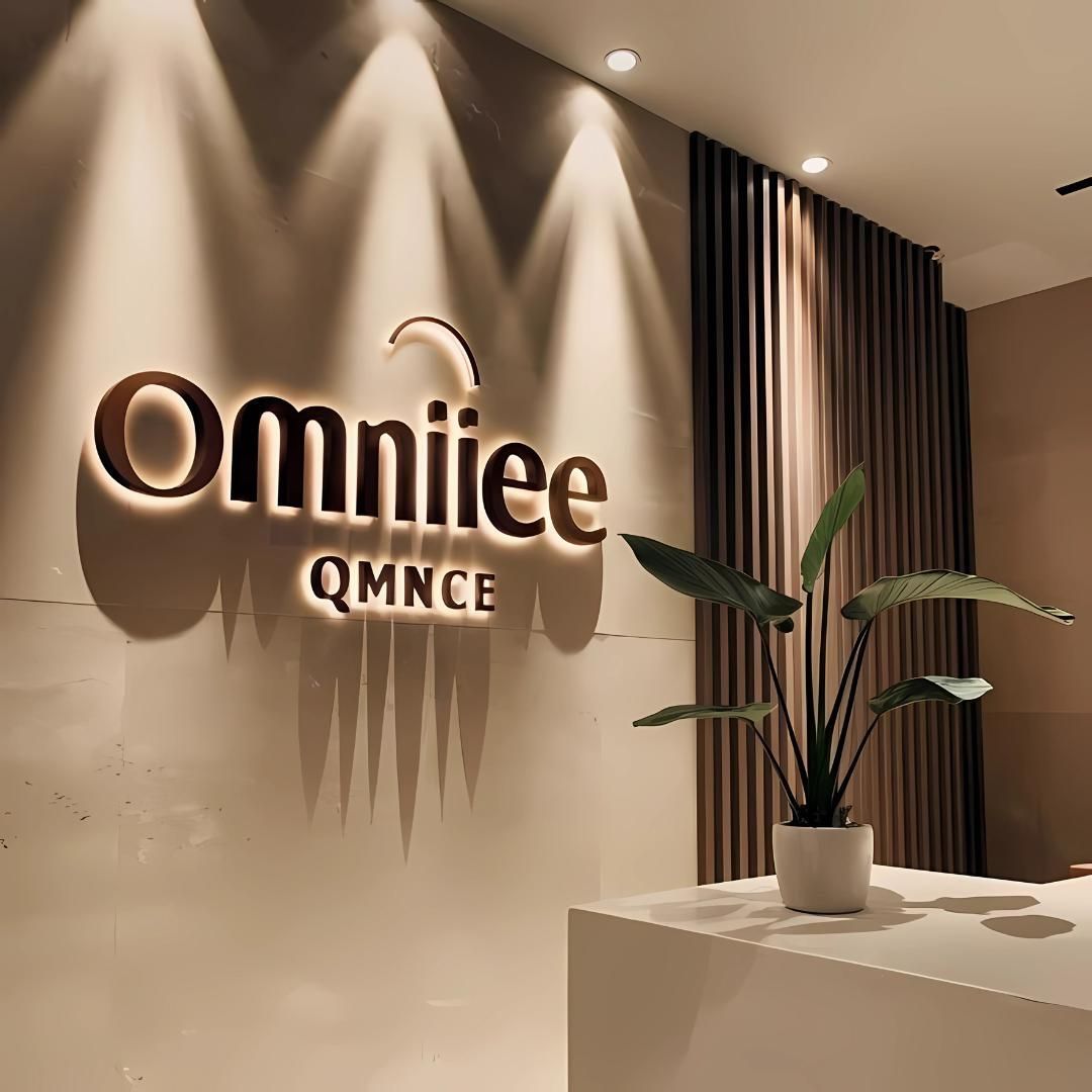 Інтерʼєрна світлова вивіска Omniiee у приймальні — обʼємні літери з підсвіткою для офісного брендування від YBA.